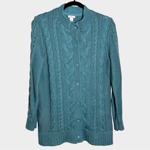 LL BEAN Cotton Cable Knit Button-Front Cardigan Teal Green Size Large Spring - Picture 2 of 6